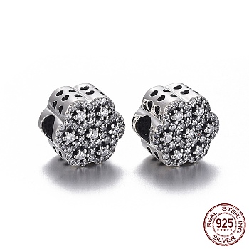 925 Sterling Silver European Beads, Large Hole Beads, with Cubic Zirconia, with 925 Stamp, Flower, Thailand Sterling Silver Plated, 12x9.5mm, Hole: 4mm