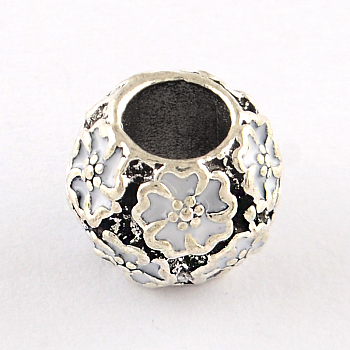 Antique Silver Plated Hollow Flower Pattern Rondelle Tibetan Style Alloy Enamel European Beads, Large Hole Beads, White, 10x8~9mm, Hole: 5mm