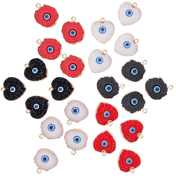 SUPERFINDINGS 24Pcs 2 Style Druzy Resin Pendants, with Edge Light Gold Plated Iron Loops, Flat Round with Eye & Heart with Evil Eye, Mixed Color, 20~23x17~18x5mm, Hole: 1.8mm, 2 style, 6 color, 4pcs/color, 24pcs