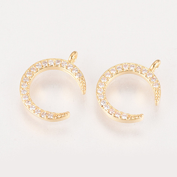 Brass Cubic Zirconia Charms, Real 18K Gold Plated, Moon, 13x10.5x2mm, Hole: 1mm
