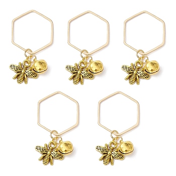 Alloy Bees and Iron Bell Pendant Decoration, with Brass Hexagon Ring, Golden, 39mm, 10pcs/set