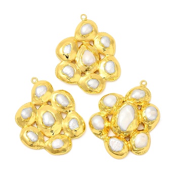 Brass Pendants, Natural Pearl Flower Charms, Long-Lasting Plated, Golden, 45.5~46x35x9.5mm, Hole: 1.8mm