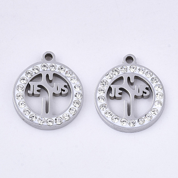 201 Stainless Steel Pendants, for Easter, with Polymer Clay Crystal Rhinestone, Flat Round with Jesus, Stainless Steel Color, 17x15x2mm, Hole: 1.6mm