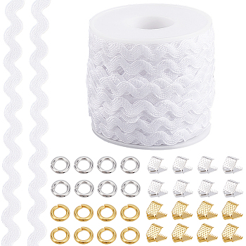 1Pc Wave Bending Fringe Trim, with 32Pcs 2 Colors Iron Ribbon Crimp Ends, 64Pcs 2 Colors Brass Jump Rings, White, 1/4 inch~3/8 inch(5~8.5mm), about 22~25m/pc