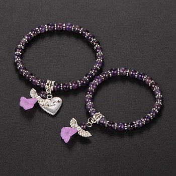 Mother daughter Jewelry, Amethyst Beaded Acrylic Charm Bracelets, with Tibetan Style Alloy Beads and Heart Pendants, Lovely Wedding Dress Angel Dangle, Antique Silver, 48mm & 58mm