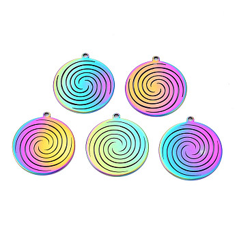 Ion Plating(IP) 201 Stainless Steel Pendants, Flat Round with Vortex, Rainbow Color, 30x27x1.5mm, Hole: 2mm