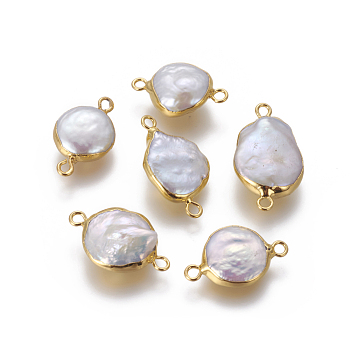 Natural Pearl Links connectors, with Brass Findings, Nuggets, Golden, 20~25.5x12~15x5.5~8mm, Hole: 1.8mm
