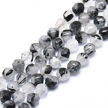 Natural Black Rutilated Quartz Beads Strands, Faceted, Round, 8mm, Hole: 1.2mm, about 46~48pcs/strand, 15.59 inch(39.6cm)