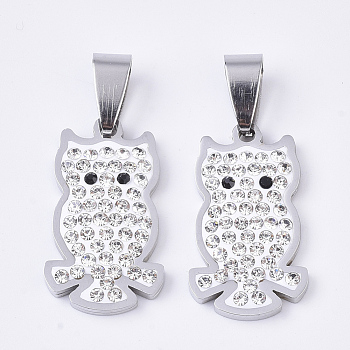 201 Stainless Steel Pendants, with Random Size Snap On Bails and Polymer Clay Crystal Rhinestones, Owl, Stainless Steel Color, 24x14x3mm, Hole: 8~10x3~5mm
