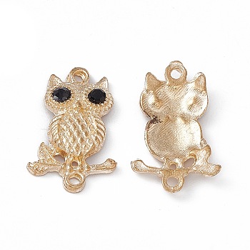 Alloy Connector Charms, with Jet Rhinestones, Owl Links, Light Gold, 22x13.5x3mm, Hole: 1.2mm
