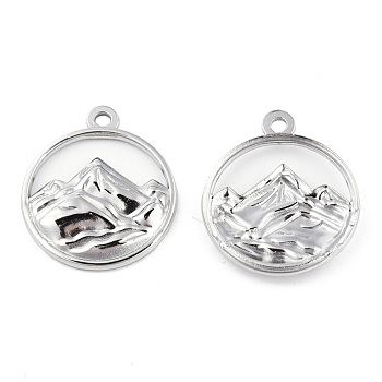 201 Stainless Steel Pendants, Flat Round with Mountain Charm, Stainless Steel Color, 24x20x3mm, Hole: 1.8mm
