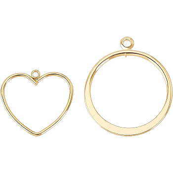 24Pcs 2 Style Long-Lasting Plated Brass Pendants, Nickel Free, Heart & Ring, Real 18K Gold Plated, 12pcs/style