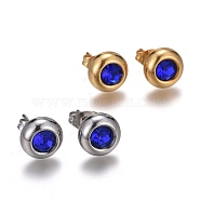 304 Stainless Steel Stud Earrings, with Cubic Zirconia and Ear Nuts, Flat Round, Blue, Mixed Color, 9mm, Pin: 0.7mm, 6pairs/card(EJEW-L251-A04)