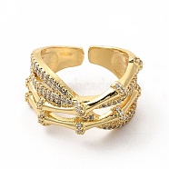 Clear Cubic Zirconia Bamboo Criss Cross Open Cuff Ring, Brass Jewelry for Women, Golden, US Size 7 1/4(17.5mm)(KK-A180-45G)