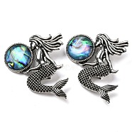 Dual-use Items Alloy Mermaid Brooch, with Natural Paua Shell, Antique Silver, Colorful, 42x37x7mm, Hole: 8x3mm(JEWB-C026-02H-AS)