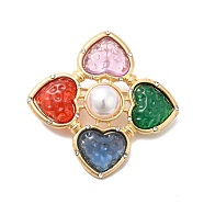 Rhinestone Heart Clover with Imitation Pearl Brooch Pin, Golden Alloy Badge for Backpack Clothes Pendant Jewelry, Colorful, 62.5x62.5x7.5mm, Pin: 1mm, Hole: 9x5mm(JEWB-P014-07G)