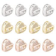 12Pcs 3 Colors Brass Micro Pave Clear Cubic Zirconia Slide Charms, Long-Lasting Plated, Heart with Word LOVE, Mixed Color, 10x10.5x3.5mm, Hole: 4x1mm, 4pcs/color(KK-FH0002-83)