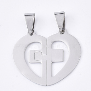 201 Stainless Steel Split Pendants, for Lovers, Heart with Cross, Stainless Steel Color, 27x31x1mm, Hole: 8x4mm(STAS-T048-20)