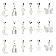 PandaHall Elite 60Pcs 6 Style 304 Stainless Steel Pendants, with Tube Bails, for European Jewelry Making, Star & Butterfly & Moon & Lock & Key & Cross, Stainless Steel Color, 18~23mm, Hole: 2mm, 10pcs/style(STAS-PH0004-20)