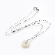 Brass Real Platinum Plated Cable Chains Pendant Necklaces, with 304 Stainless Steel Findings and Freshwater Shell Pendants, Flat Round with Pineapple, Stainless Steel Color, 17.52 inch(44.5cm), Pendant: 16x3mm(NJEW-JN02259-04)