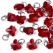 Faceted Transparent Glass Charms, with Iron Jump Ring, Butterfly, Red, 13~14x9.8x6mm, Hole: 4mm(GLAA-T024-06I)