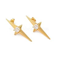 Clear Cubic Zirconia Star Stud Earrings, Rack Plating Brass Jewelry for Women, Cadmium Free & Lead Free, Real 18K Gold Plated, 38x13.5mm, Pin: 0.8mm(EJEW-P221-21G)
