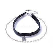 Cowhide Leather Cord Choker Necklaces, with 304 Stainless Steel Pendants, with Handmade Brass Beaded and ABS Plastic Imitation Pearl Chains, Black, 11.9 inch(30.3cm)(NJEW-JN02391)