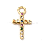 Rack Plating Brass Micro Pave Cubic Zirconia Pendants, Cadmium Free & Lead Free, Long-Lasting Plated, Religion Cross Charm, Real 18K Gold Plated, Colorful, 19x10.5x2mm, Hole: 2.8mm(KK-P230-25G-02)