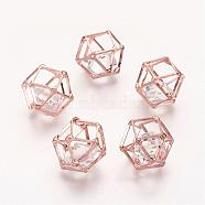 Brass Hollow Polygon Beads, with Floating Glass Beads Inside, Rose Gold, 13x13x17mm(KK-M092-D-RG)