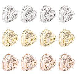 12Pcs 3 Colors Brass Micro Pave Clear Cubic Zirconia Slide Charms, Long-Lasting Plated, Heart with Word LOVE, Mixed Color, 10x10.5x3.5mm, Hole: 4x1mm, 4pcs/color(KK-FH0002-83)