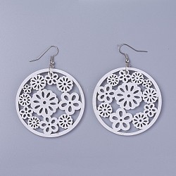 Wood Dangle Earrings, with Platinum Tone Iron Earring Hooks, Flat Round with Flower, White, 70mm, Pendants: 49.5x2~2.5mm, Pin: 0.5mm(EJEW-L219-G01)