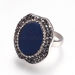 Brass Cat Eye Finger Rings, with Rhinestone, Oval, Size 7, Colorful, Prussian Blue, 17mm; Pendant: 24.5x20x6mm(RJEW-O025-A02)