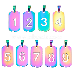 Unicraftale 9Pcs 9 Style Vacuum Plating 304 Stainless Steel Pendants, Rectangle with Number, Rainbow Color, 27.5x14.5x1.5mm, Hole: 7.5x3mm, 1pc/style(STAS-UN0024-06)