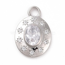 Eco-friendly Brass Micro Pave Cubic Zirconia Pendants, Cadmium Free & Lead Free, Long-Lasting Plated, Platinum, Oval with Star, Clear, 18x12.5x3.3mm, Hole: 2.6mm(KK-D079-23P-01)