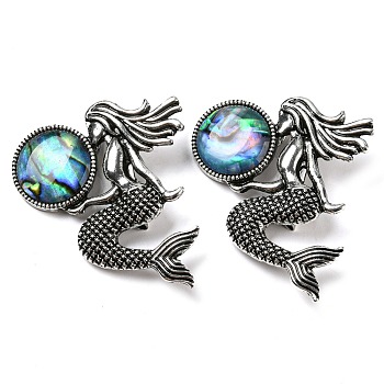 Dual-use Items Alloy Mermaid Brooch, with Natural Paua Shell, Antique Silver, Colorful, 42x37x7mm, Hole: 8x3mm