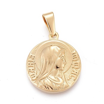 304 Stainless Steel Pendants, Flat Round with Virgin Mary & Word, Golden, 28.5x24.5x4mm, Hole: 4x8.5mm