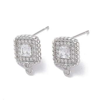 Brass Micro Pave Cubic Zirconia Stud Earring Findings, Square, Real Platinum Plated, 14x11mm, Hole: 1.2mm, Pin: 0.8mm