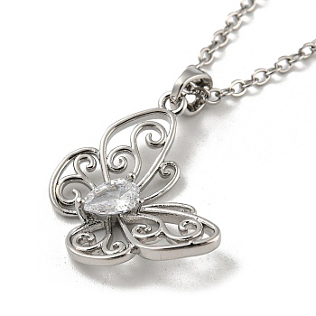 Butterfly Glass Pendant, Brass Chain Necklaces, Platinum, 16.42 inch(41.7cm)