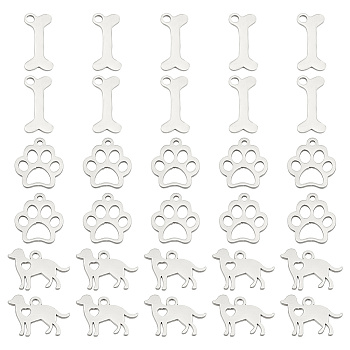 30Pcs 3 Style 304 & 201 Stainless Steel Pendants, Dog Bone & Dog Paw Prints & Dog, Stainless Steel Color, 11~15x6.5~15.5x1mm, Hole: 1.3~1.5mm, 10pcs/style