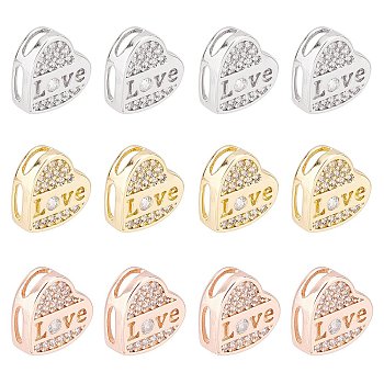 12Pcs 3 Colors Brass Micro Pave Clear Cubic Zirconia Slide Charms, Long-Lasting Plated, Heart with Word LOVE, Mixed Color, 10x10.5x3.5mm, Hole: 4x1mm, 4pcs/color
