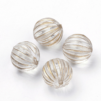 Plating Transparent Acrylic Beads, Golden Metal Enlaced, Corrugated Round, Clear, 14mm, Hole: 2mm