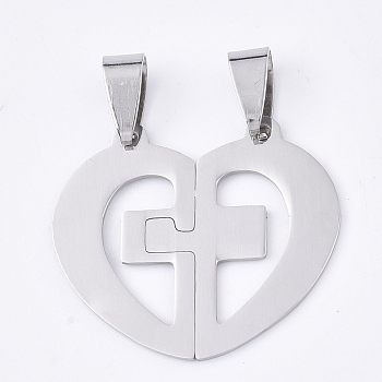 201 Stainless Steel Split Pendants, for Lovers, Heart with Cross, Stainless Steel Color, 27x31x1mm, Hole: 8x4mm