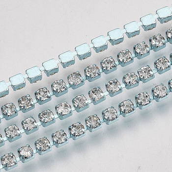 Electrophoresis Brass Rhinestone Strass Chains, Crystal Rhinestone Cup Chains, with Spool, Pale Turquoise, SS6.5 Rhinestone: 2~2.1mm, about 10yards/roll