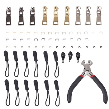 DIY Zip-fastener Components, Including Zinc Alloy Zipper Sliders & Zipper Heads, Brass Zipper Stopers Top Bottom Stops, Plastic Zipper Puller With Strap and Steel Jewelry Pliers, Mixed Color, 7x4x5mm, 7pcs/set