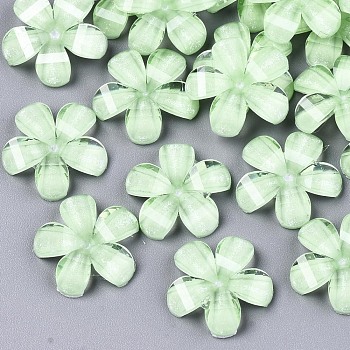 Epoxy Resin Cabochons, with Glitter Powder, Pearlized, Faceted, 5-Petal Flower, Light Green, 13.5x14x2.5mm