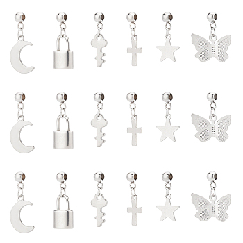PandaHall Elite 60Pcs 6 Style 304 Stainless Steel Pendants, with Tube Bails, for European Jewelry Making, Star & Butterfly & Moon & Lock & Key & Cross, Stainless Steel Color, 18~23mm, Hole: 2mm, 10pcs/style