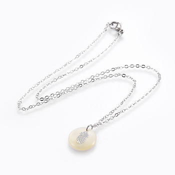 Brass Real Platinum Plated Cable Chains Pendant Necklaces, with 304 Stainless Steel Findings and Freshwater Shell Pendants, Flat Round with Pineapple, Stainless Steel Color, 17.52 inch(44.5cm), Pendant: 16x3mm