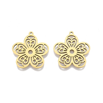 Ion Plating(IP) 201 Stainless Steel Pendants, Flower, Real 18K Gold Plated, 27x25.5x1.5mm, Hole: 1.4mm