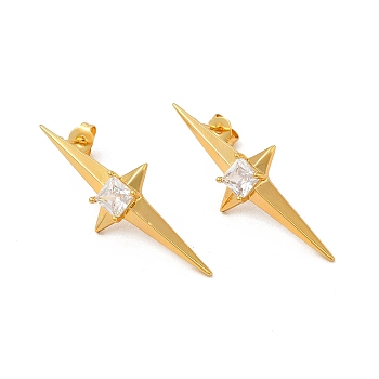 Clear Cubic Zirconia Star Stud Earrings, Rack Plating Brass Jewelry for Women, Cadmium Free & Lead Free, Real 18K Gold Plated, 38x13.5mm, Pin: 0.8mm