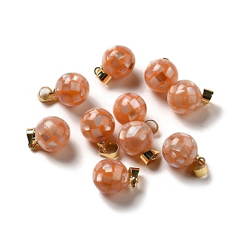 Natural Pink Shell Dyed Round Charms, with Golden Plated Brass Snap on Bails, Light Salmon, 14x10mm, Hole: 4.5x4mm